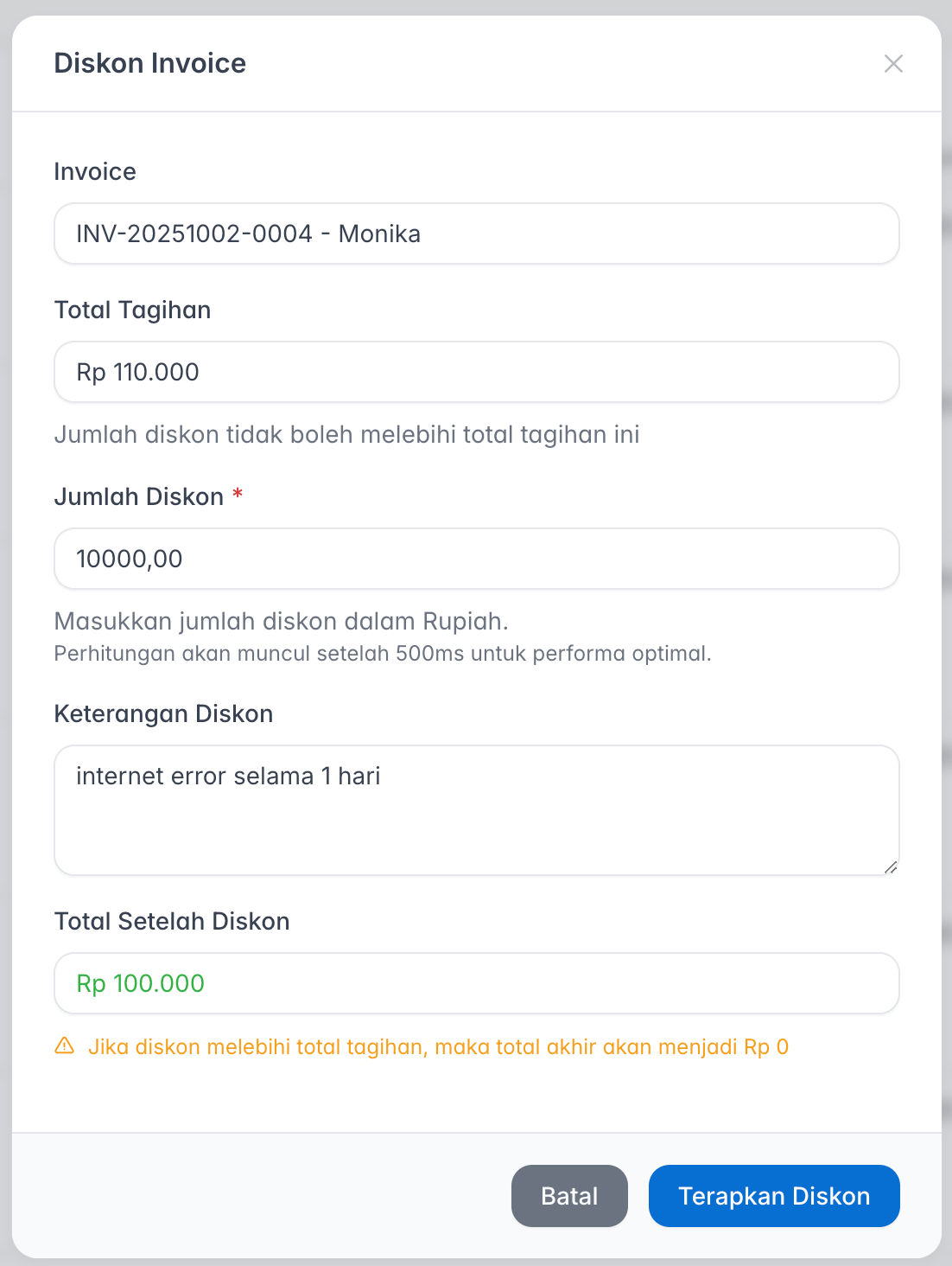Mengisi detail diskon