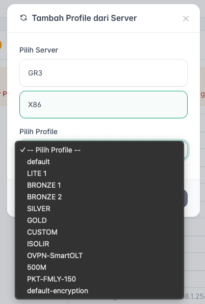 pilih server dan profile